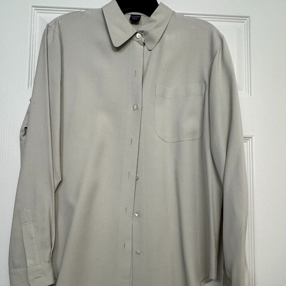 Long-sleeved silk broadcloth blouse by Lands' End - silver color - W8 regular